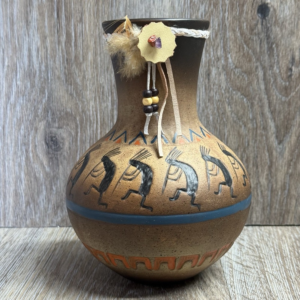 Kokopelli Native American Clay Pottery Vase w Feathers Southwest Style 6.5 in